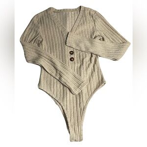 Cream Ribbed V-Neck Long Sleeve Bodysuit with Button Detail